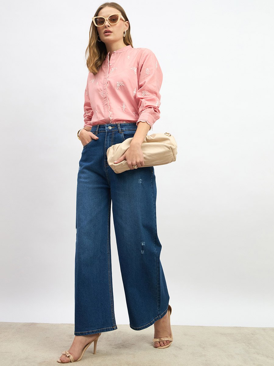 Embroidered Scalloped Detail Mandarin Collar Blouse