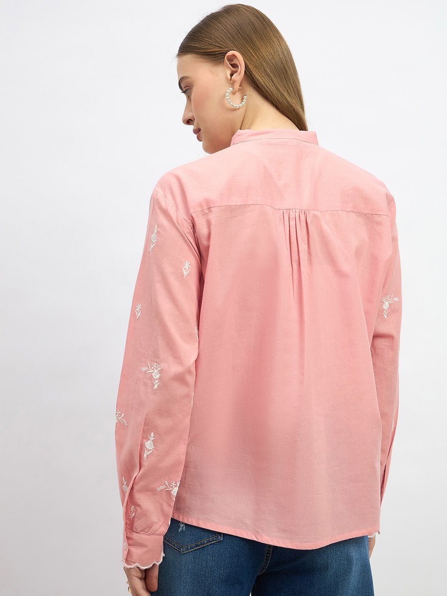 Embroidered Scalloped Detail Mandarin Collar Blouse