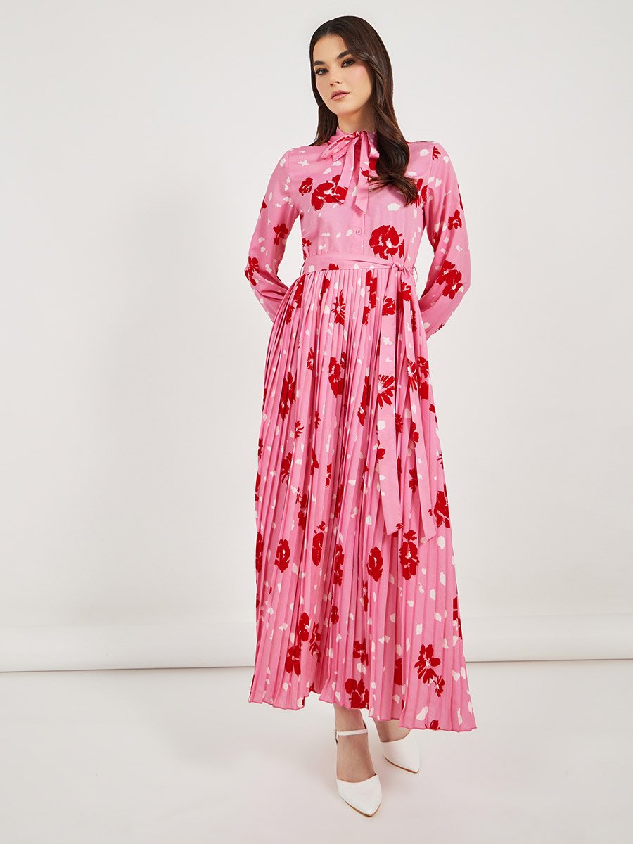All-Over Floral Print Pleated A-Line Maxi Dress