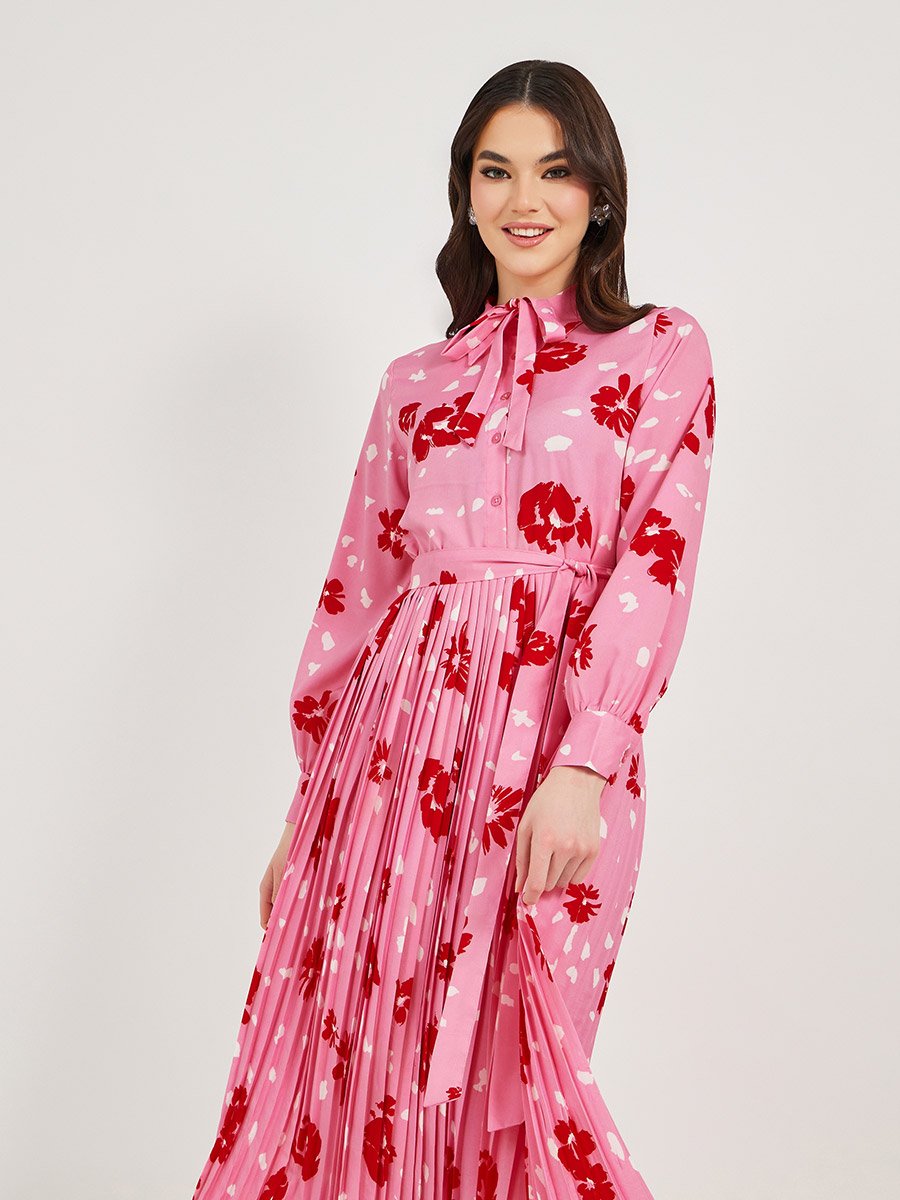 All-Over Floral Print Pleated A-Line Maxi Dress