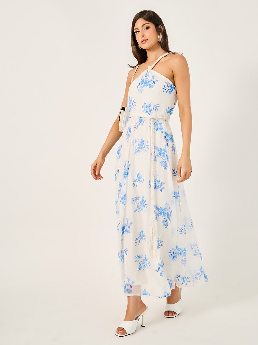 All-Over Floral Print Braid Detail A-Line Maxi Dress