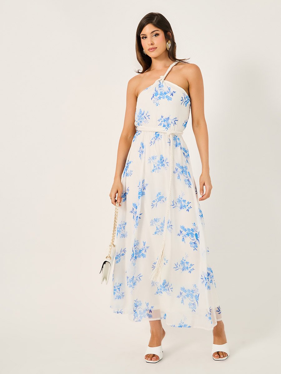 All-Over Floral Print Braid Detail A-Line Maxi Dress