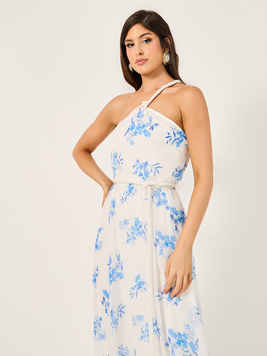 All-Over Floral Print Braid Detail A-Line Maxi Dress