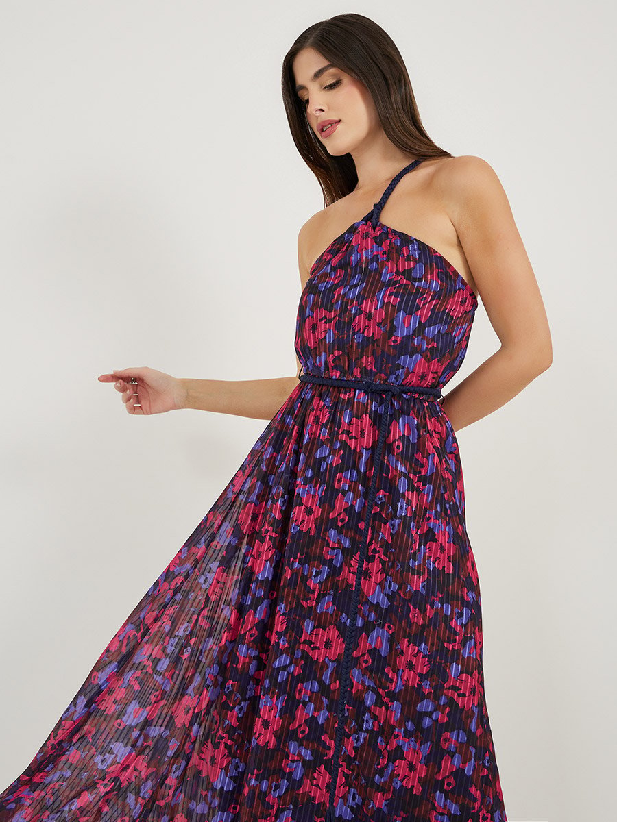 Floral Print Braid Detail Strappy A-Line Maxi Dress