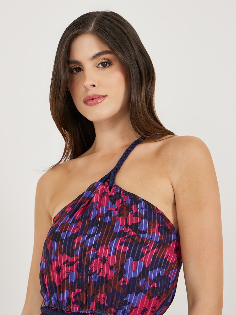 Floral Print Braid Detail Strappy A-Line Maxi Dress
