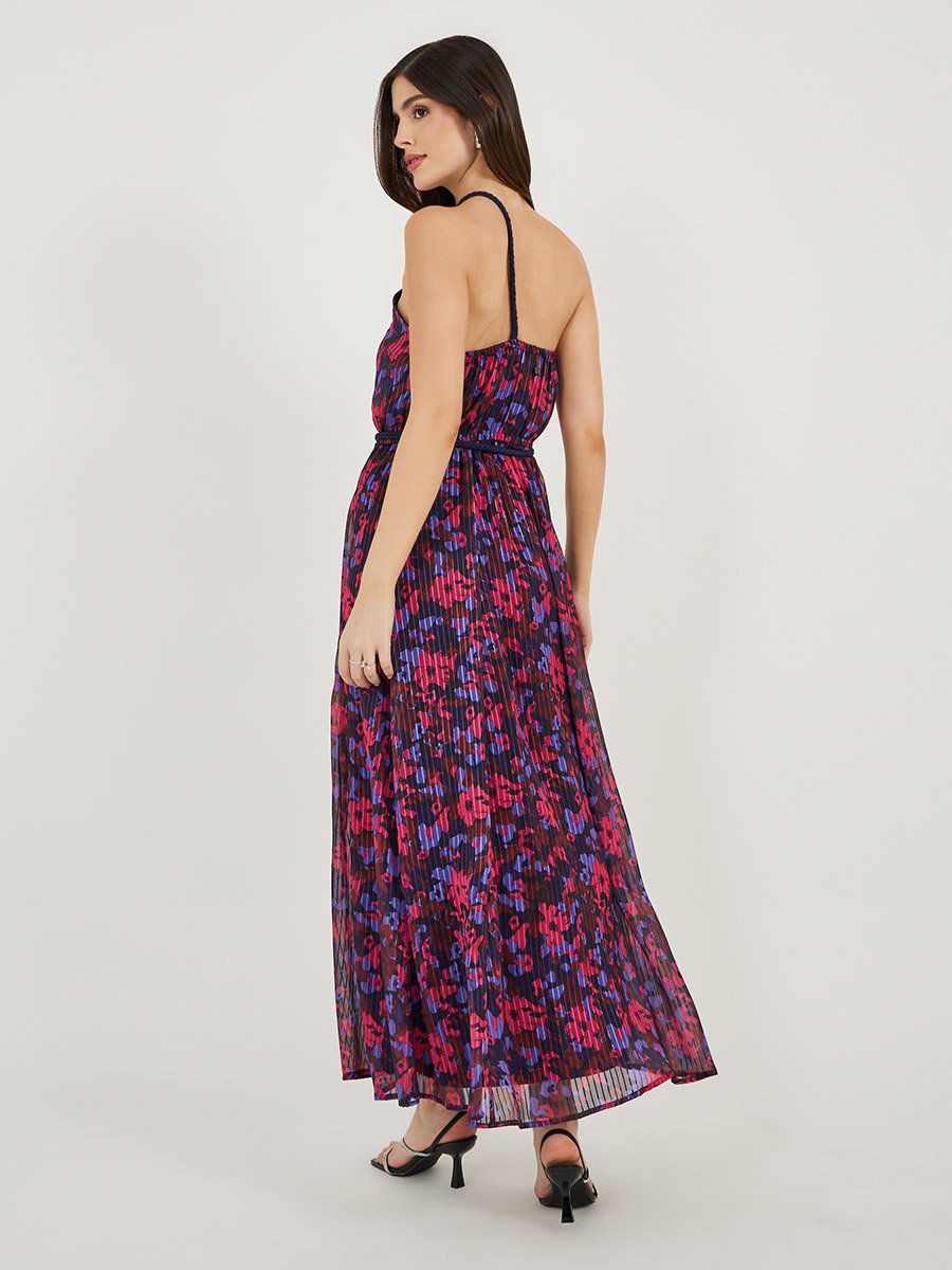 Floral Print Braid Detail Strappy A-Line Maxi Dress