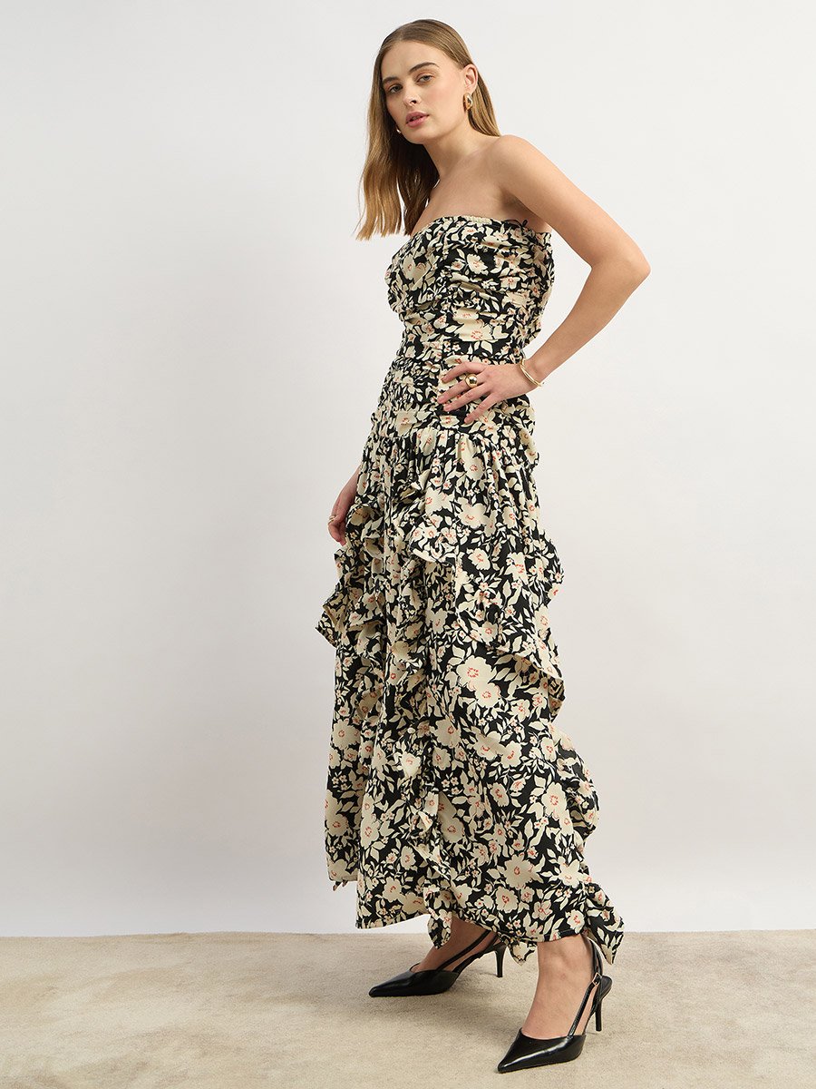 Floral Print Strapless A-Line Maxi Dress