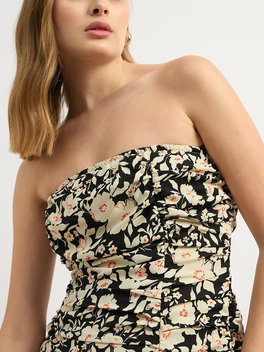 Floral Print Strapless A-Line Maxi Dress