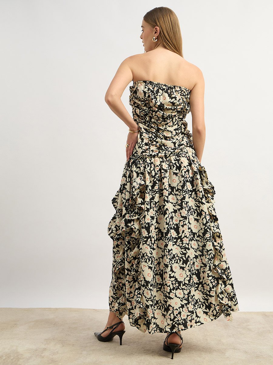Floral Print Strapless A-Line Maxi Dress