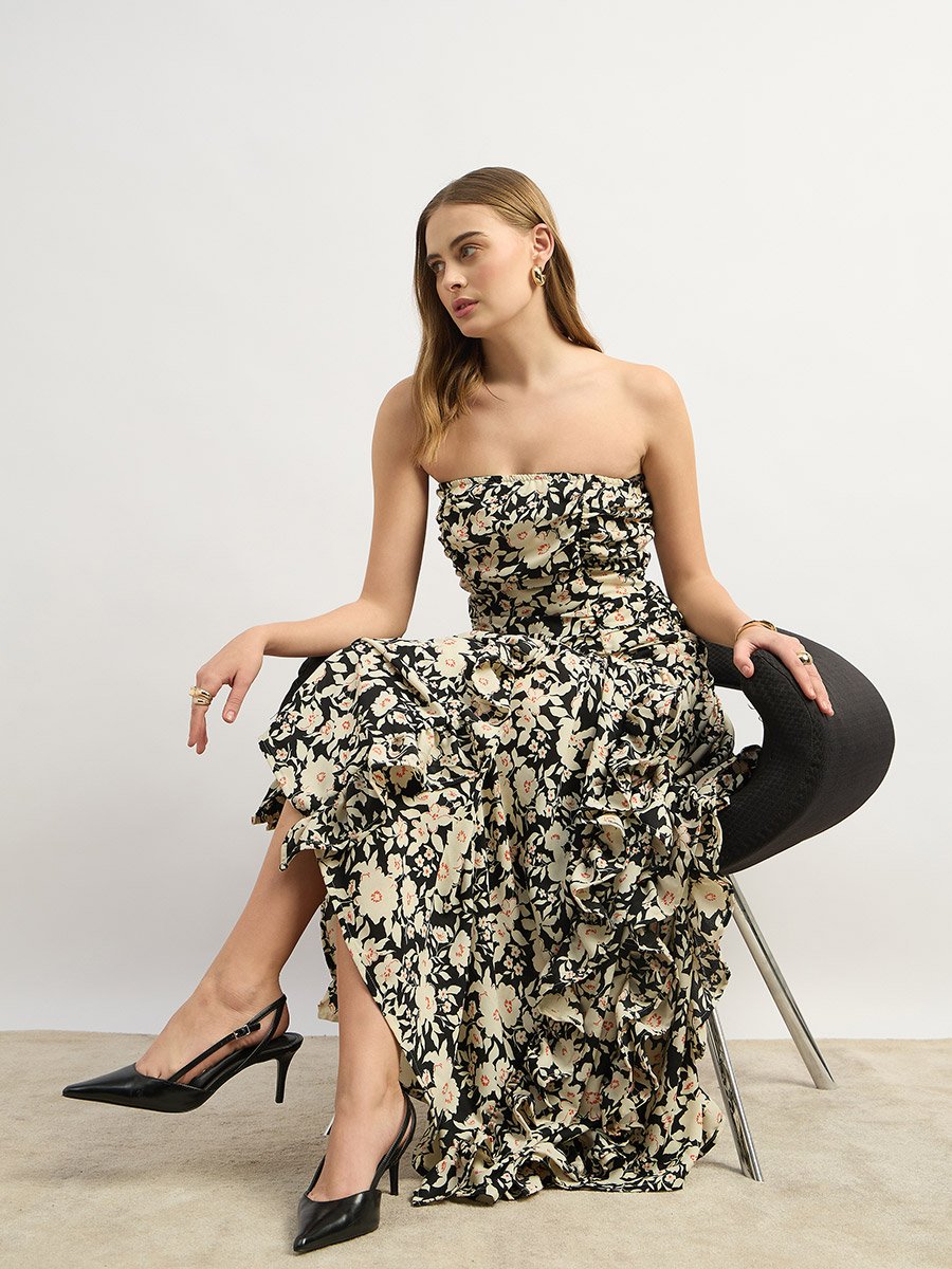 Floral Print Strapless A-Line Maxi Dress