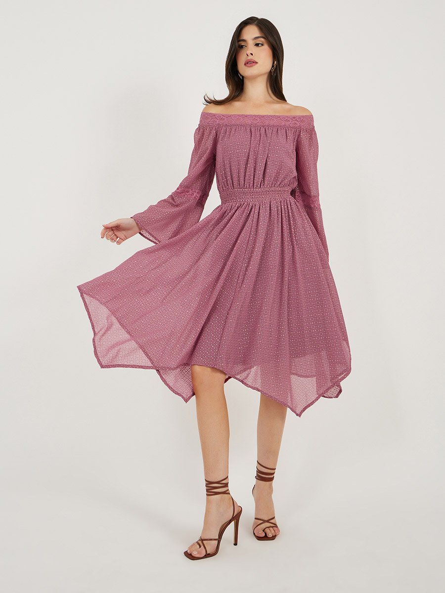 Ditsy Print Off Shoulder Lace Insert Midi Dress