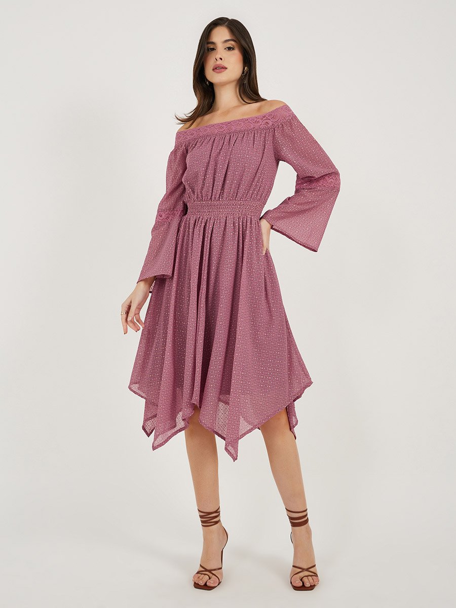 Ditsy Print Off Shoulder Lace Insert Midi Dress