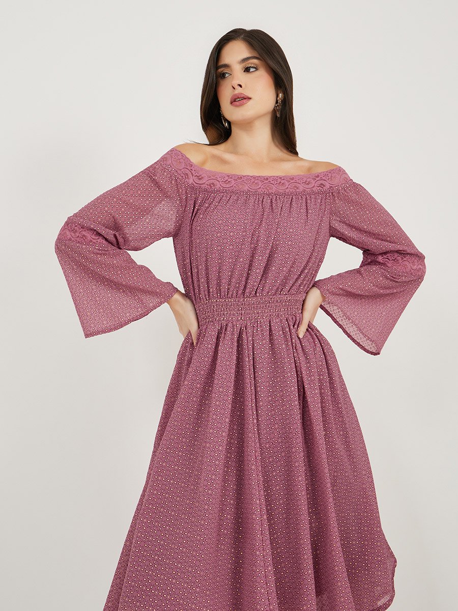 Ditsy Print Off Shoulder Lace Insert Midi Dress
