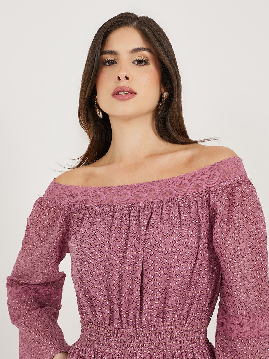 Ditsy Print Off Shoulder Lace Insert Midi Dress