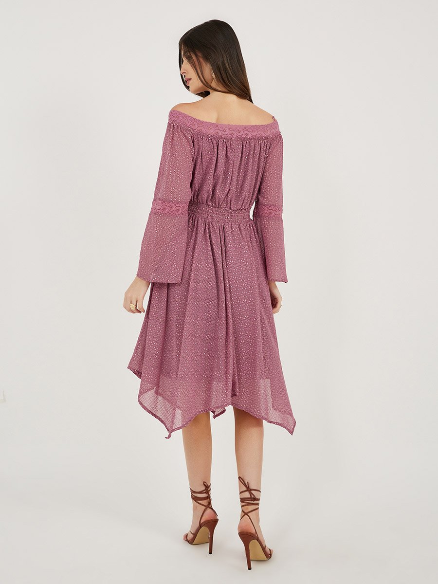 Ditsy Print Off Shoulder Lace Insert Midi Dress