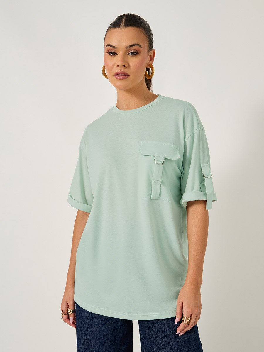 Oversized Round Neck T-Shirt with Utility Pocket Detail