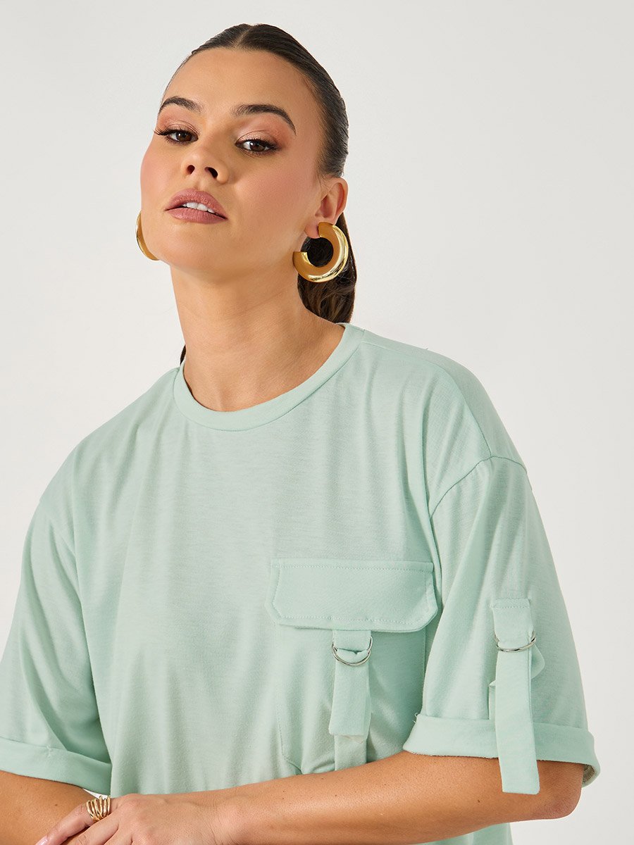 Oversized Round Neck T-Shirt with Utility Pocket Detail