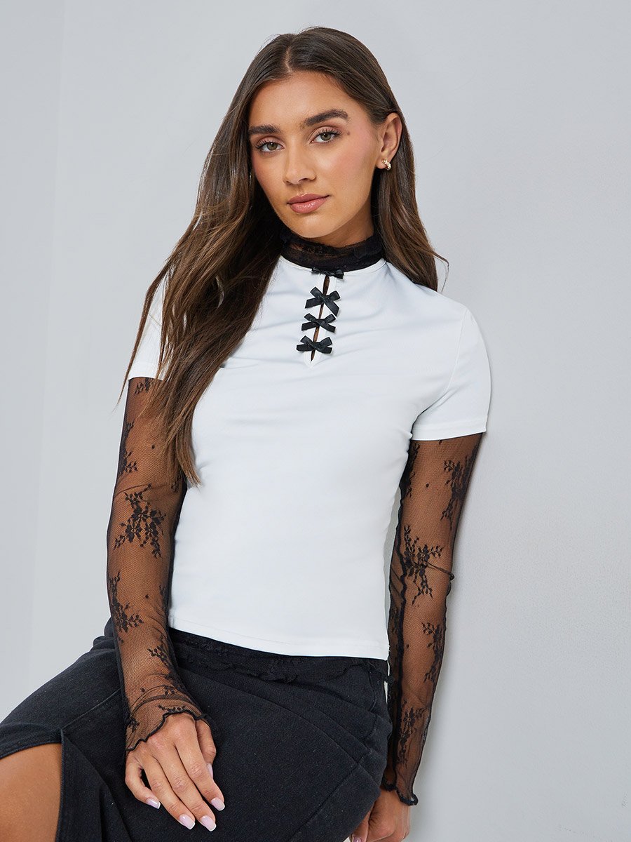 Round Neck Bow Detail Fitted T-Shirt