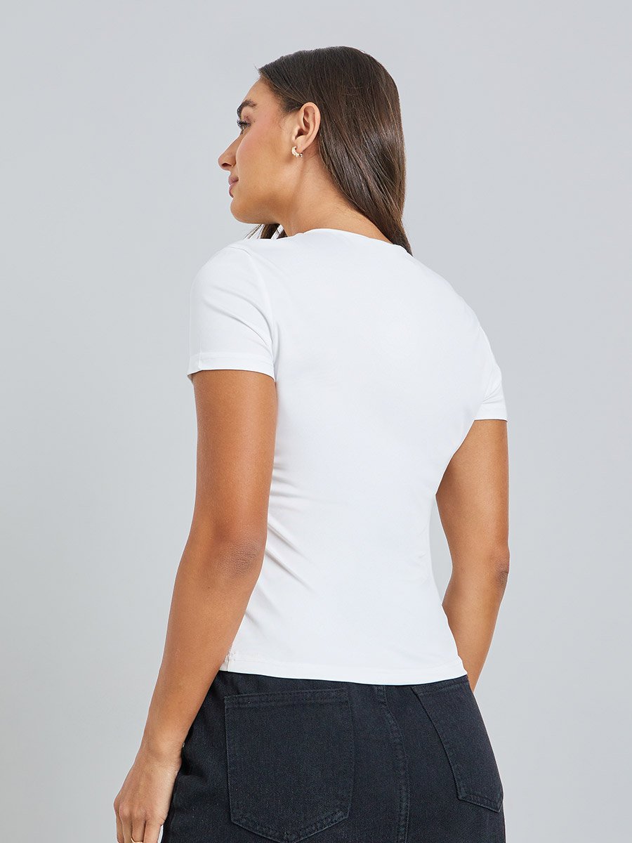 Round Neck Bow Detail Fitted T-Shirt