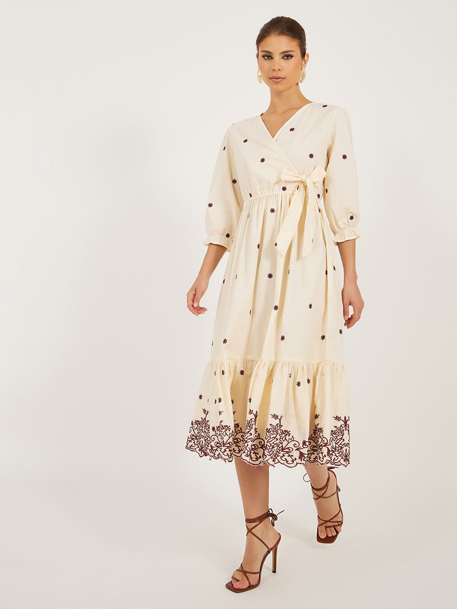 Embroidered Wrap Style A-Line Midi Dress