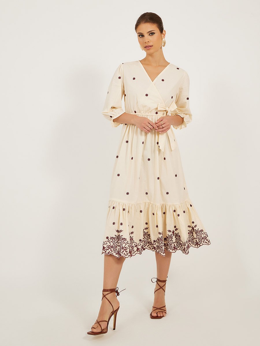 Embroidered Wrap Style A-Line Midi Dress For Women at Saudi | Styli Embroidered Wrap Style A-Line Midi Dress For Women at Saudi | Styli