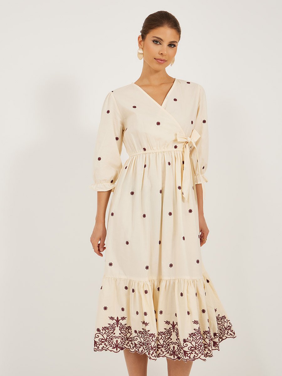 shell embroidered dress Moon and Sun Chain Stitch embroidered wrap dress