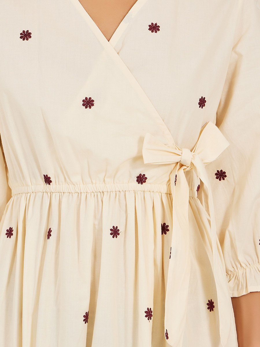 Embroidered Wrap Style A-Line Midi Dress