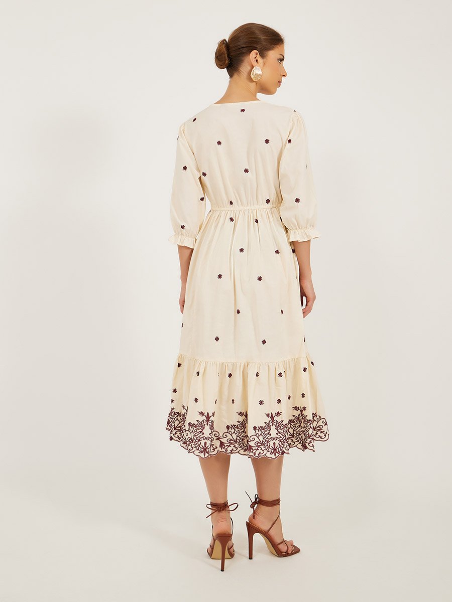 Embroidered Wrap Style A-Line Midi Dress