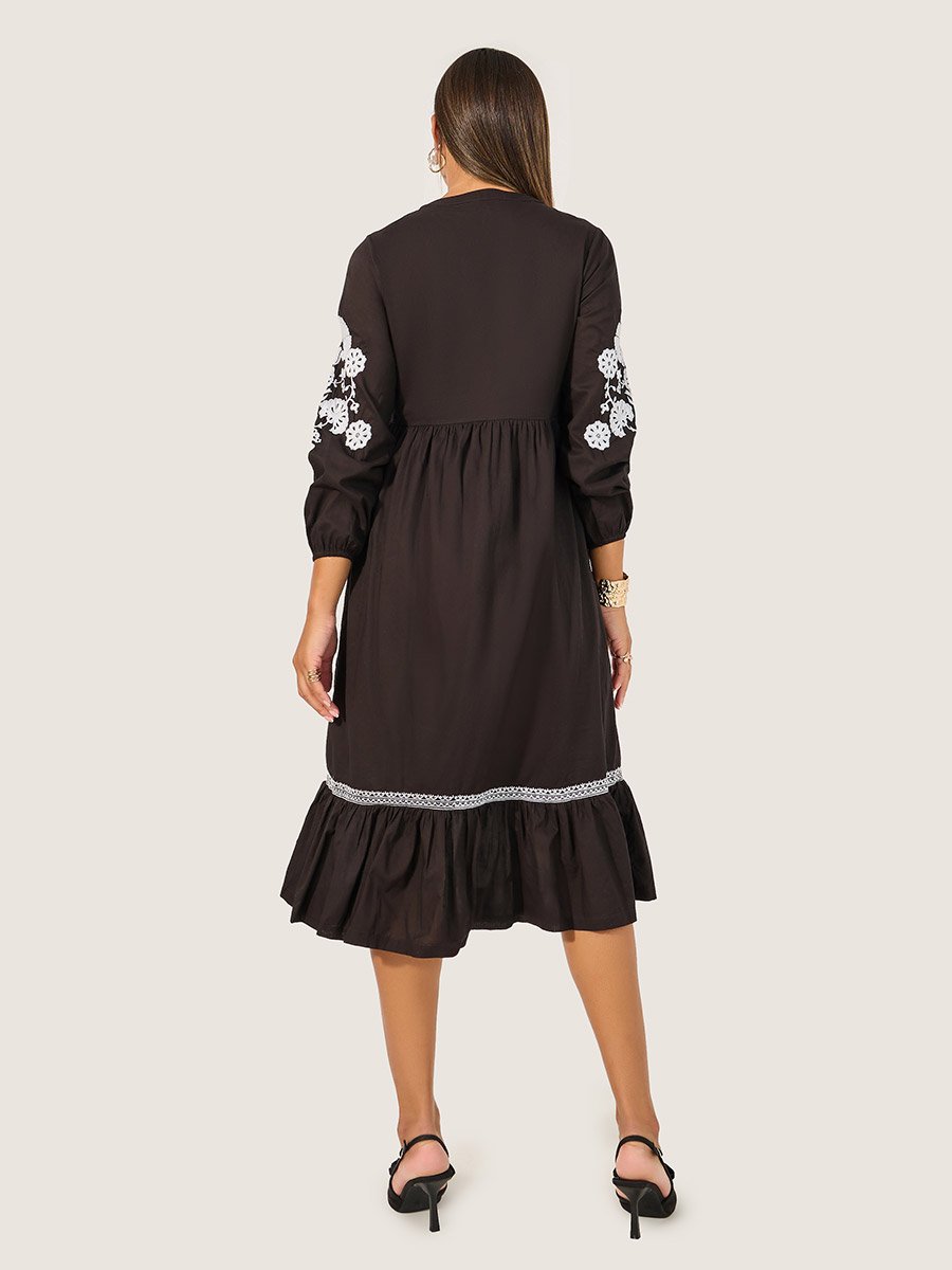 Embroidered Long Sleeves A-Line Midi Dress