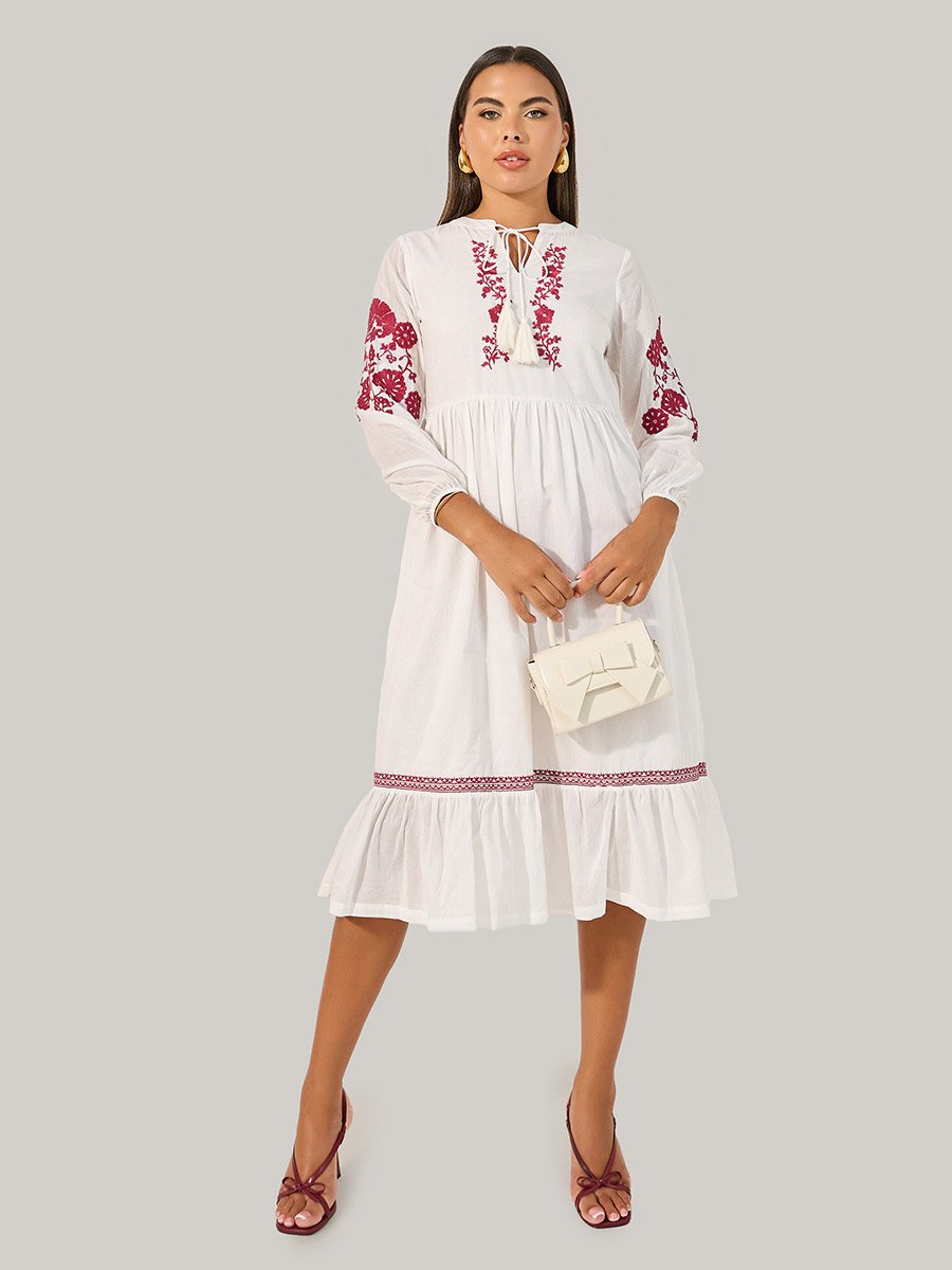 Embroidered Long Sleeves A-Line Midi Dress For Women at Saudi | Styli