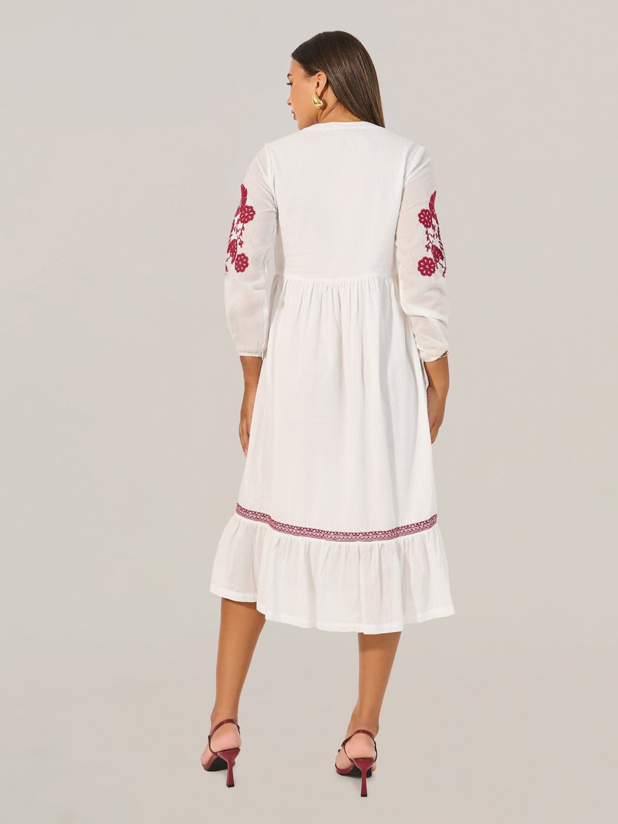 Embroidered Long Sleeves A-Line Midi Dress