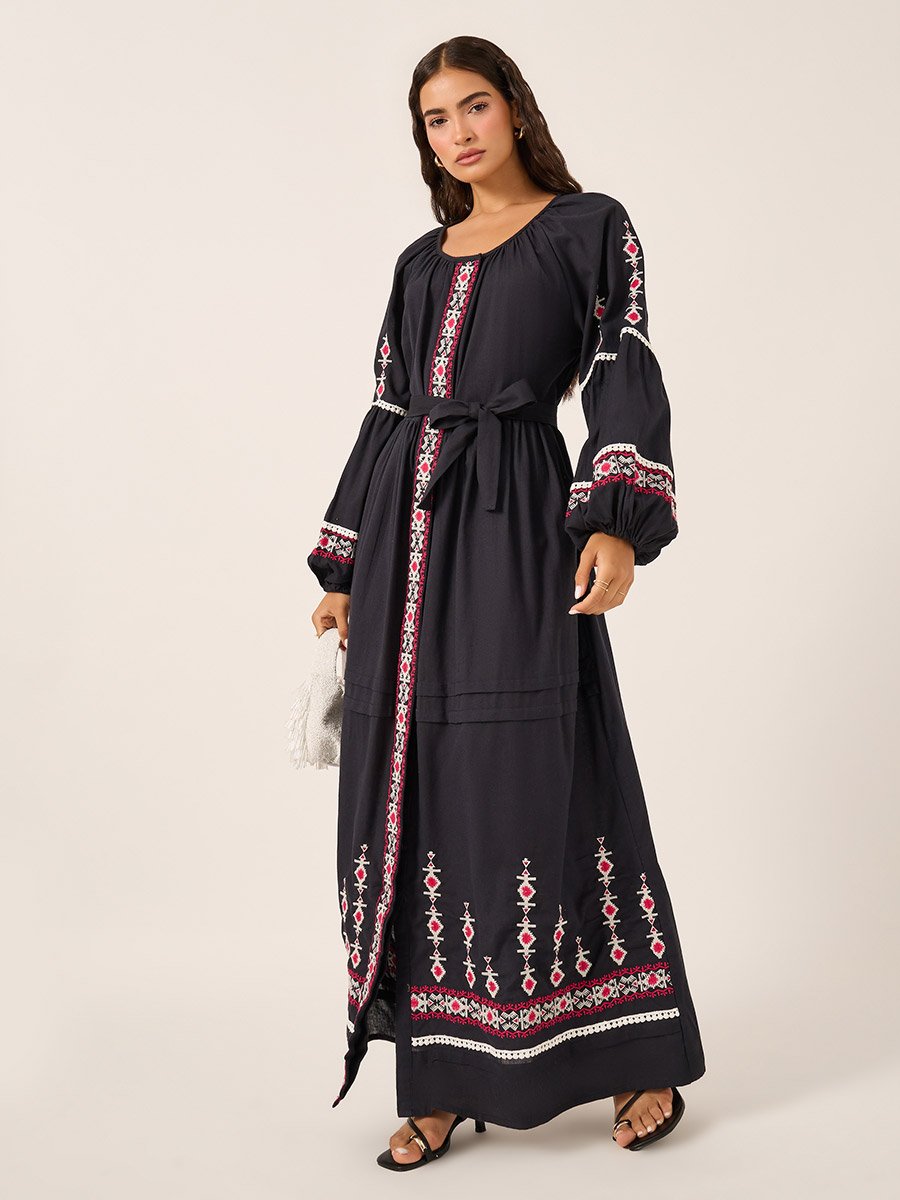 Embroidered Long Sleeves A-Line Maxi Dress For Women at UAE | Styli