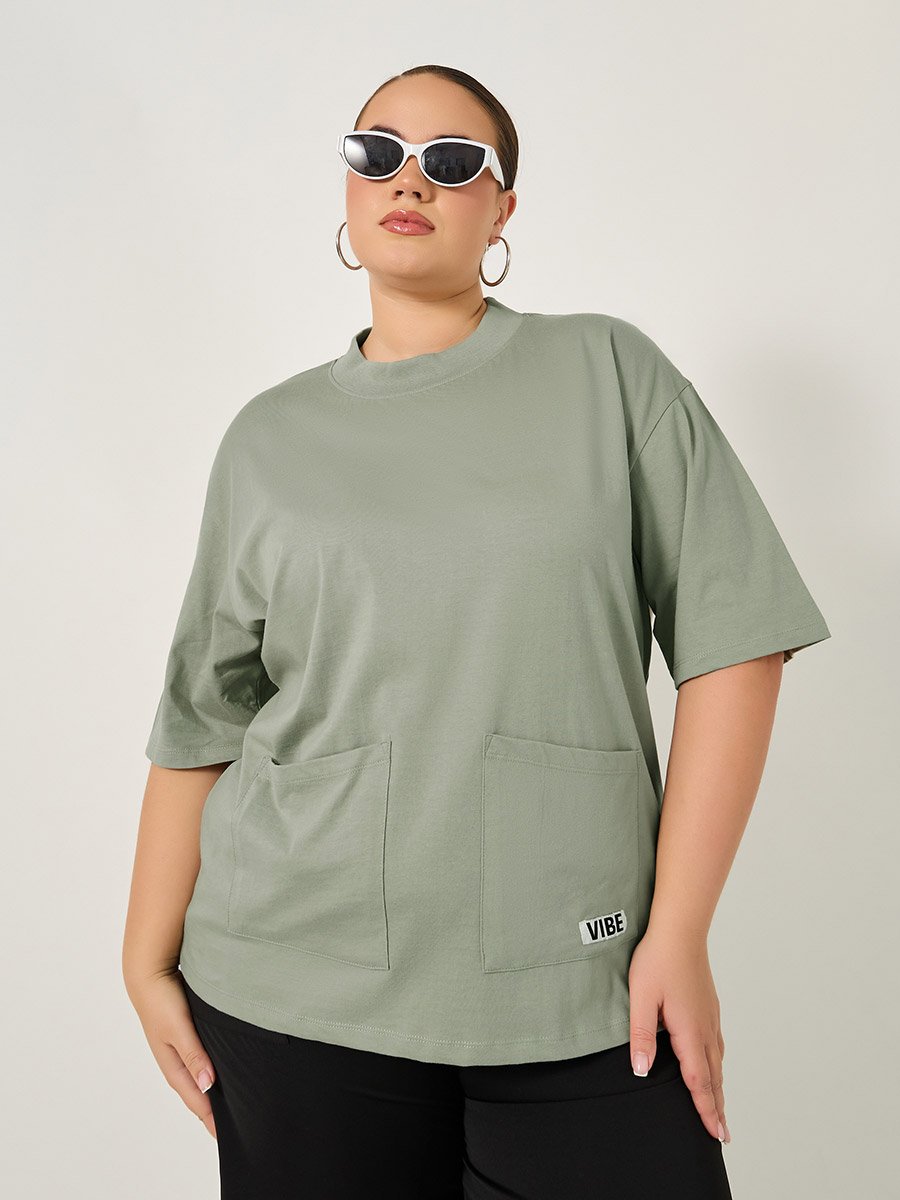 Plus Size Round Neck Oversized T-Shirt with Utility Pockets