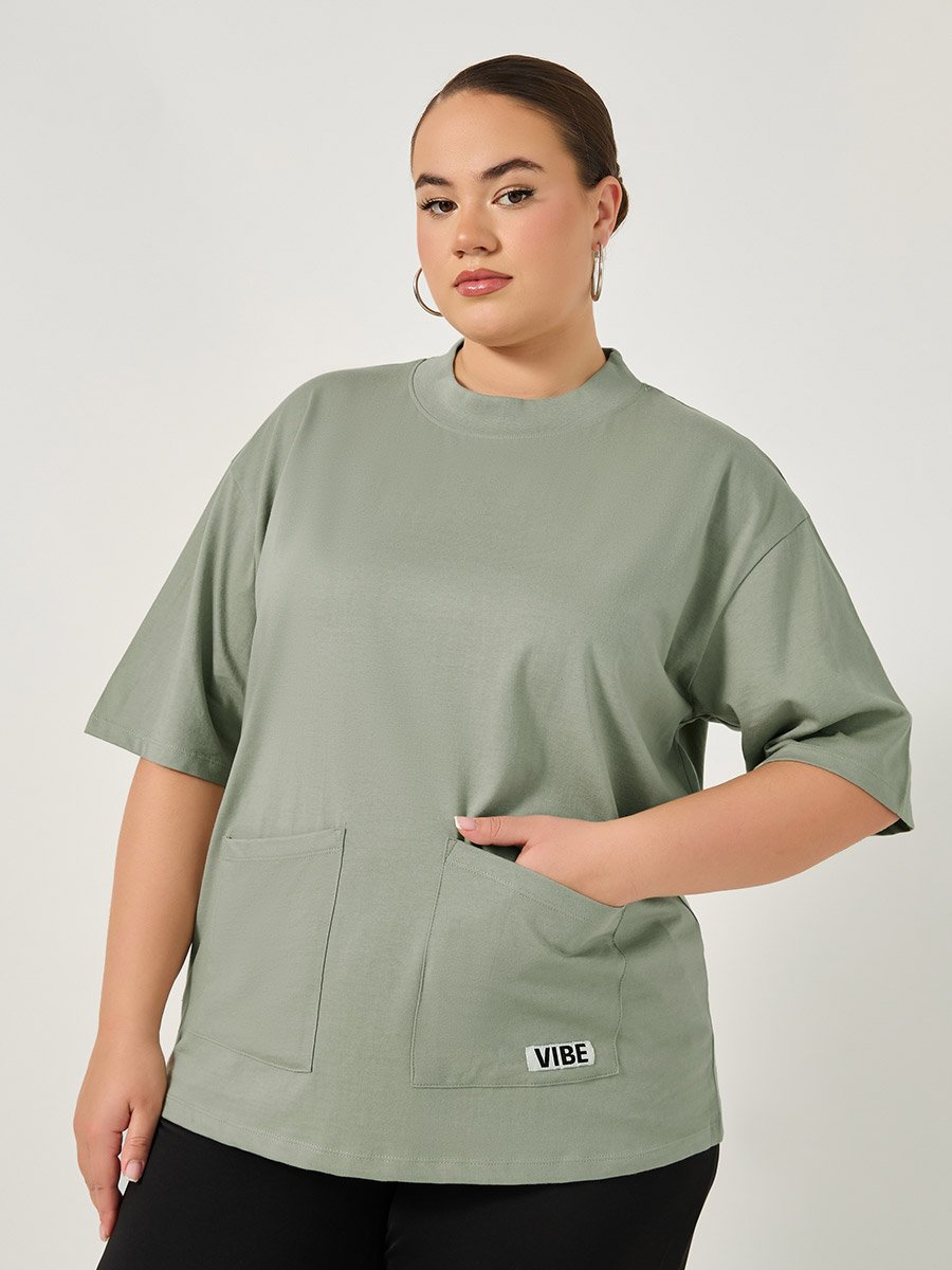 Plus Size Round Neck Oversized T-Shirt with Utility Pockets