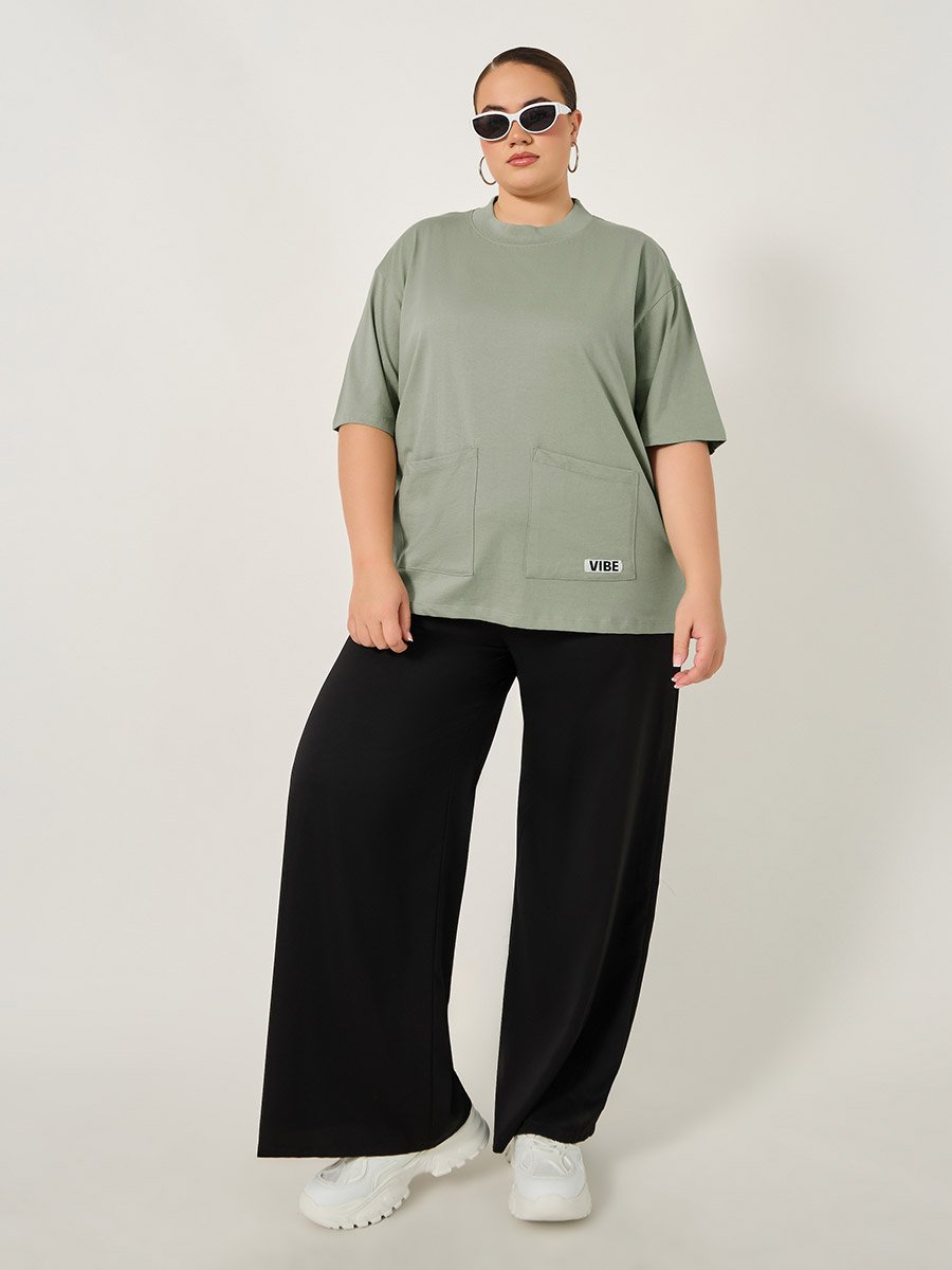 Plus Size Round Neck Oversized T-Shirt with Utility Pockets