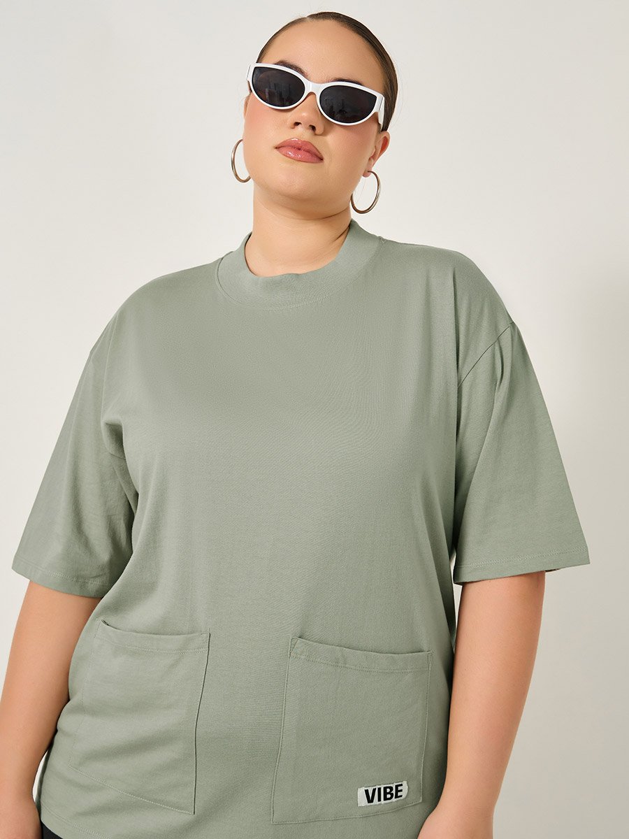 Plus Size Round Neck Oversized T-Shirt with Utility Pockets