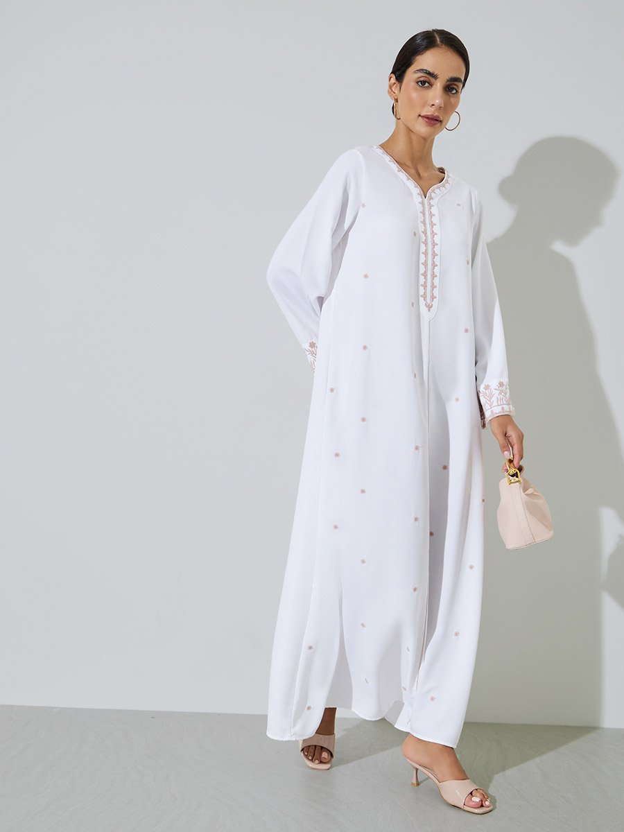 White Embroidered V Neck Jalabiya