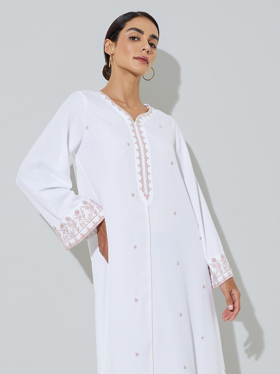 White Embroidered V Neck Jalabiya