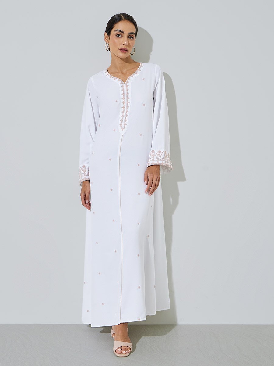 White Embroidered V Neck Jalabiya
