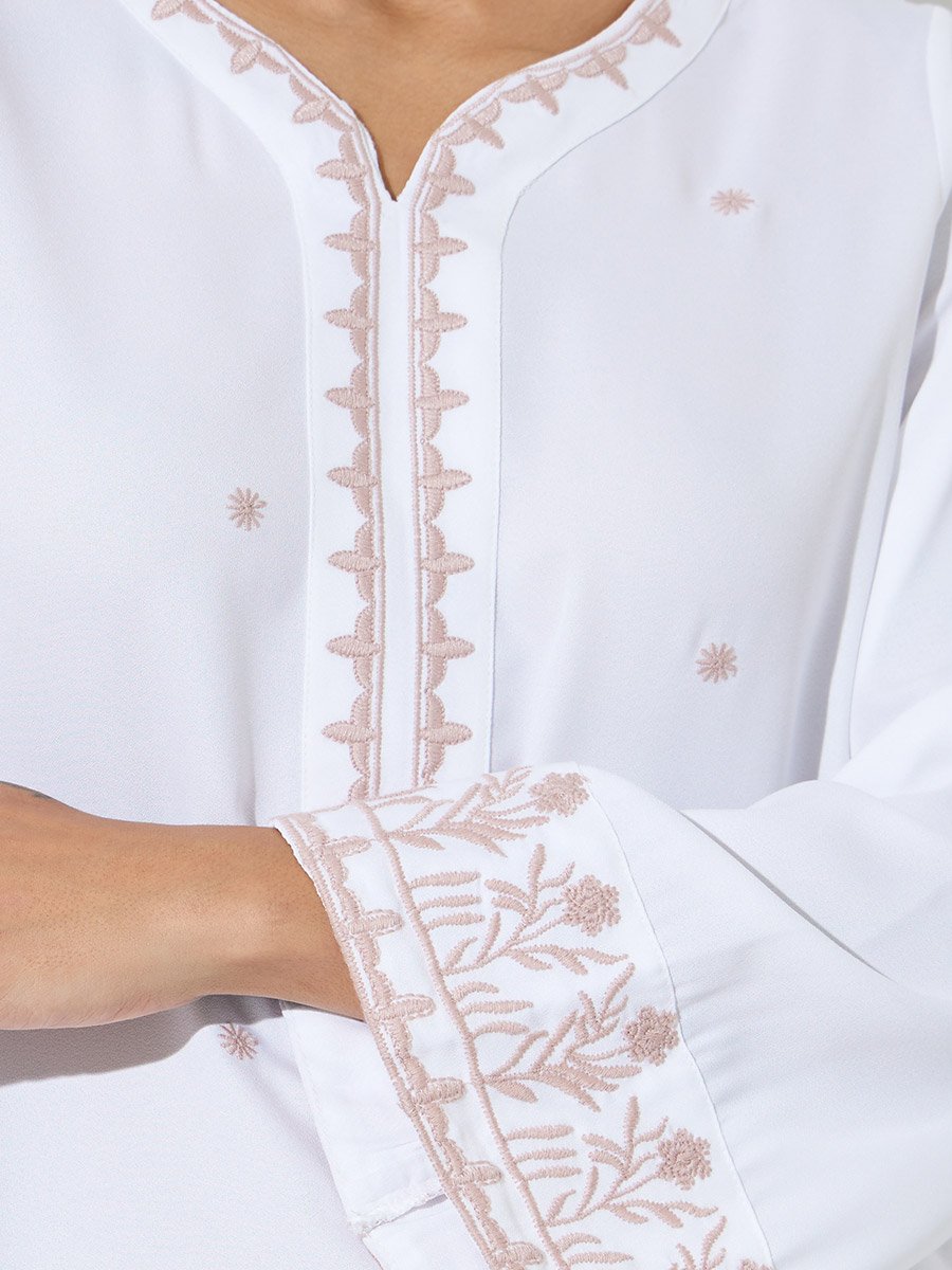 White Embroidered V Neck Jalabiya