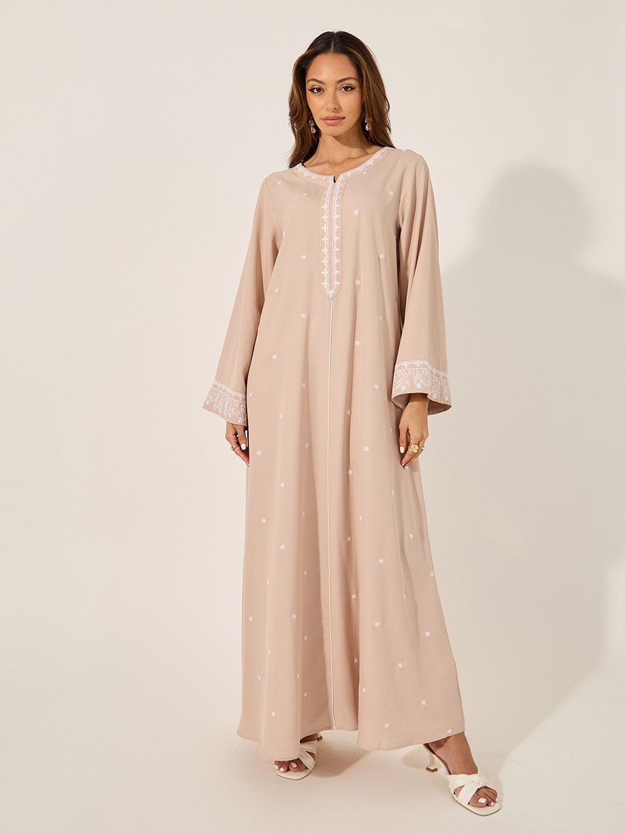 Beige Embroidered Round Neck Jalabiya