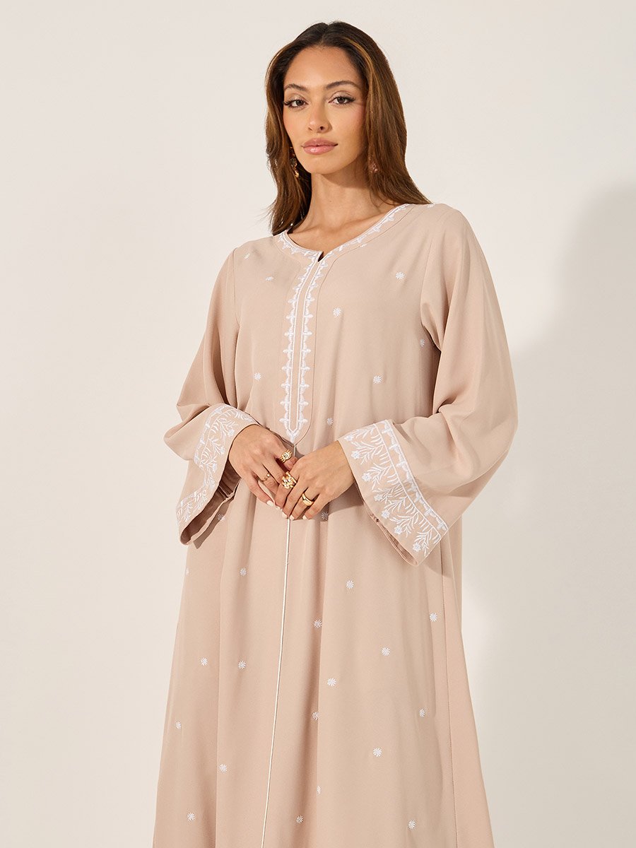Beige Embroidered Round Neck Jalabiya