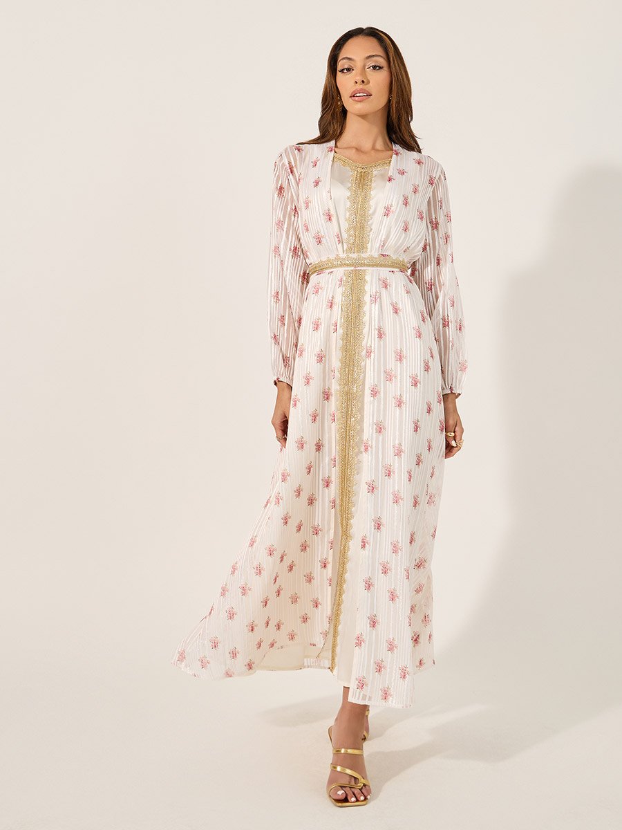 Floral Print Lace Trim Belted Kaftan with Inner Satin Dress