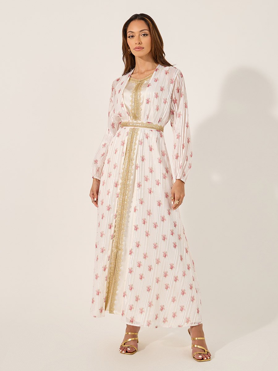 Floral Print Lace Trim Belted Kaftan with Inner Satin Dress