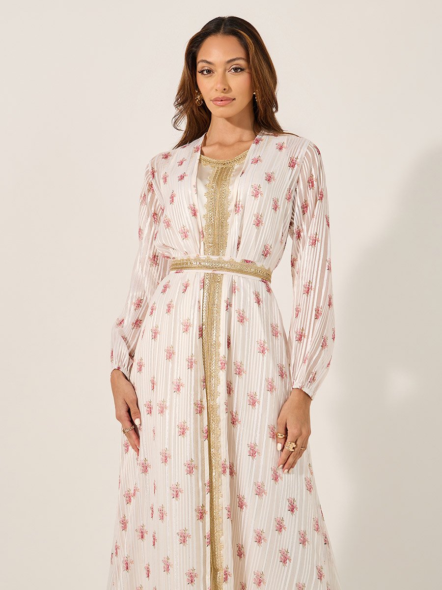 Floral Print Lace Trim Belted Kaftan with Inner Satin Dress