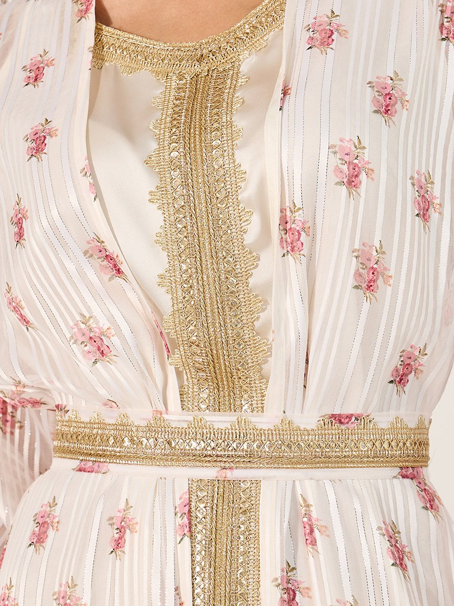 Floral Print Lace Trim Belted Kaftan with Inner Satin Dress