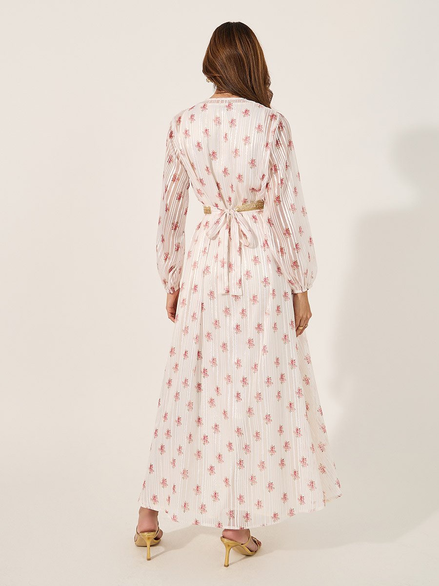 Floral Print Lace Trim Belted Kaftan with Inner Satin Dress