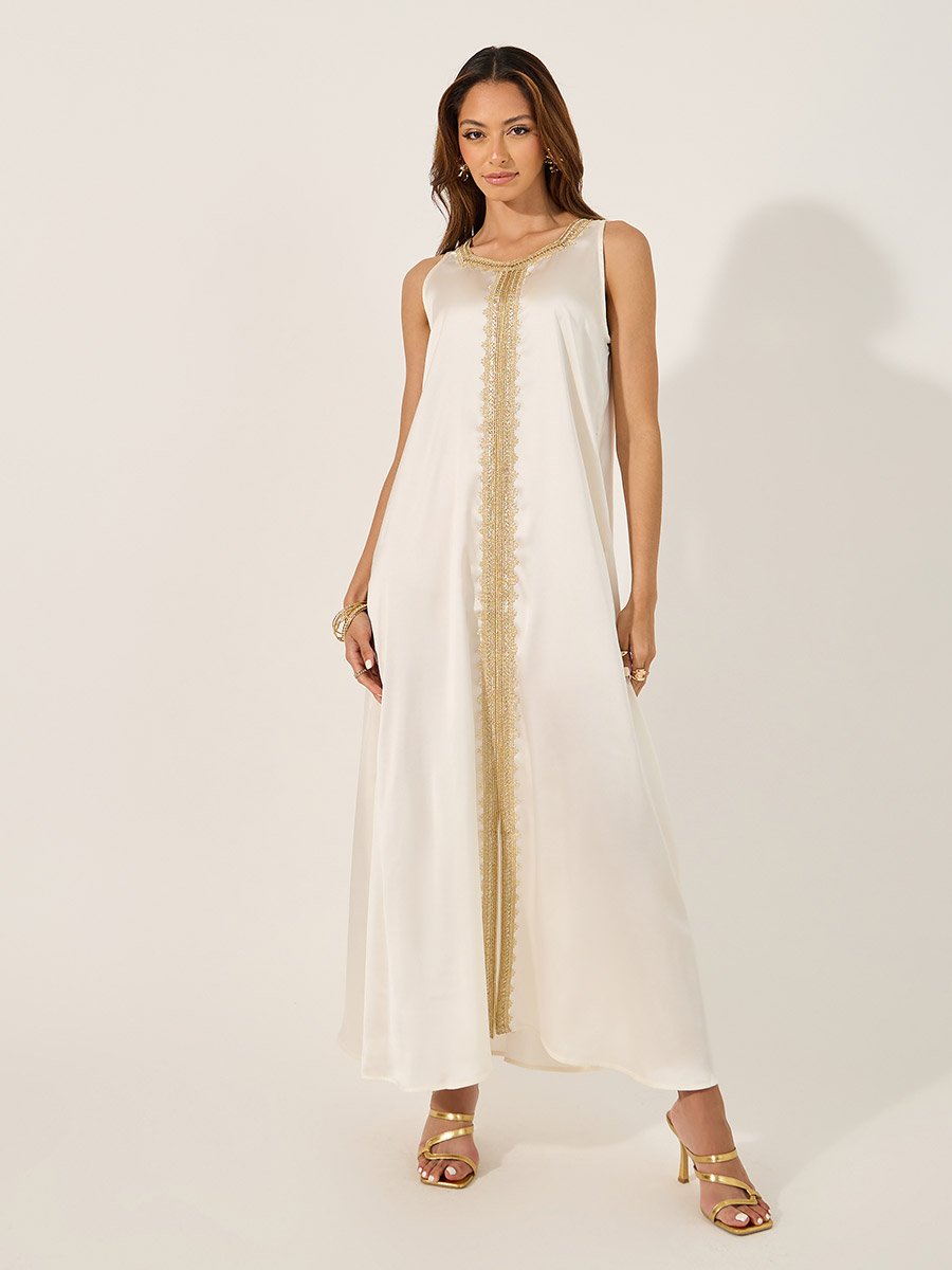 Floral Print Lace Trim Belted Kaftan with Inner Satin Dress