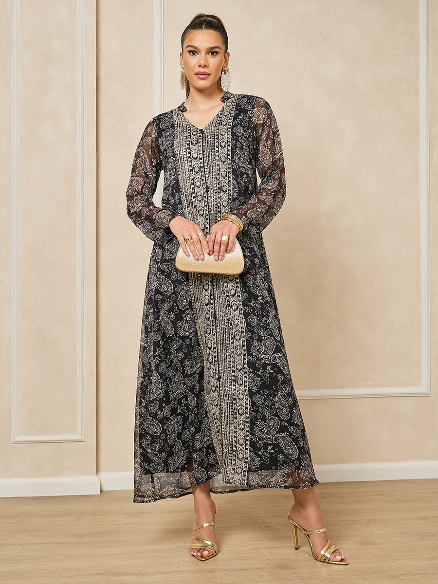 Printed V-Neck Embroidered A-Line Jalabiya