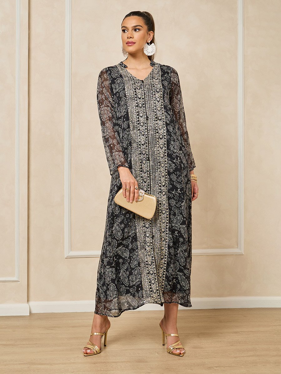 Printed V-Neck Embroidered A-Line Jalabiya